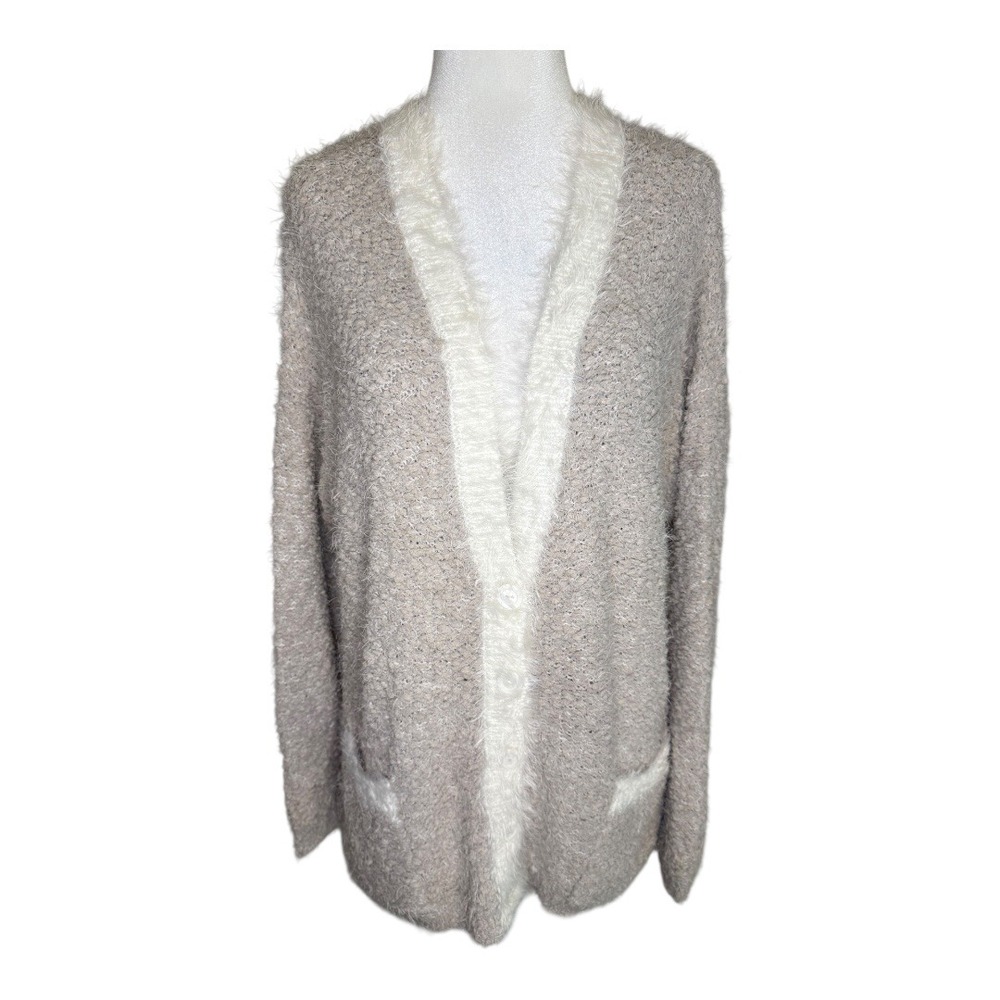 Philosophy Republic Clothing Taupe Ivory Fuzzy Knit‎ Cardigan Sweater Size Large